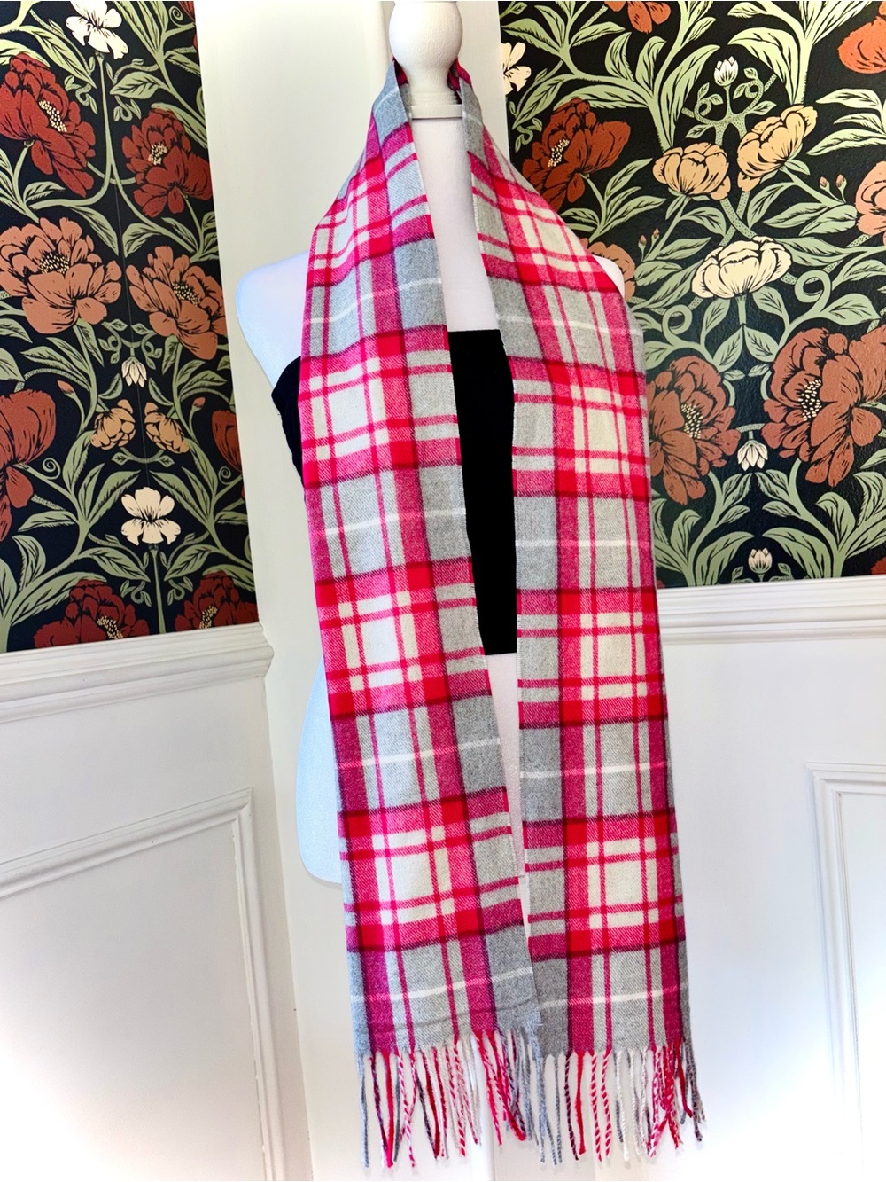 NWT Hot Pink Plaid Fringe Scarf Cashmere Feel Winter Wrap Preppy Coquette - Picture 2 of 7